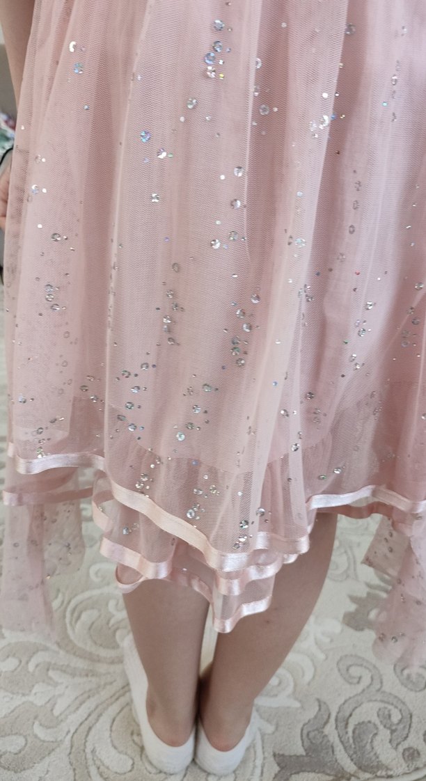 Pembe, V Yakalı, Fırfırlı Kız Elbisesi - Görsel 5