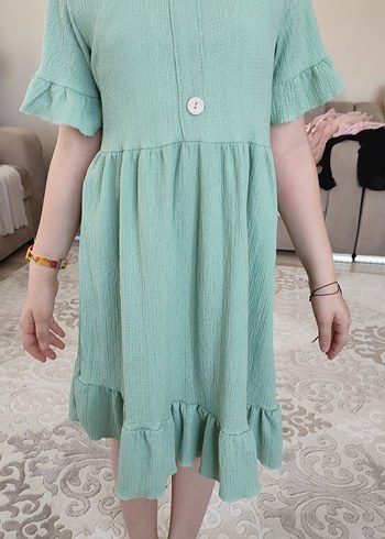 Düğmeli Yeşil Hamile Midi Elbise - Görsel 2