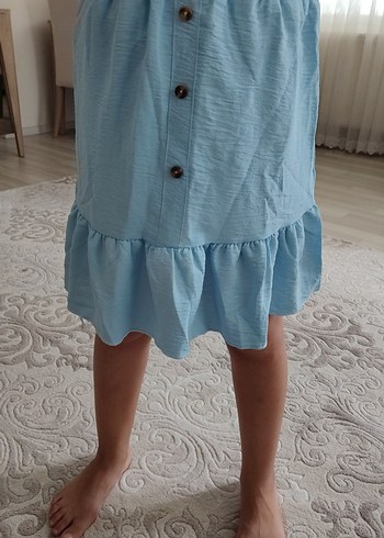 Mavi Keten Kısa Kollu Fırfırlı Kız Elbisesi - Görsel 2