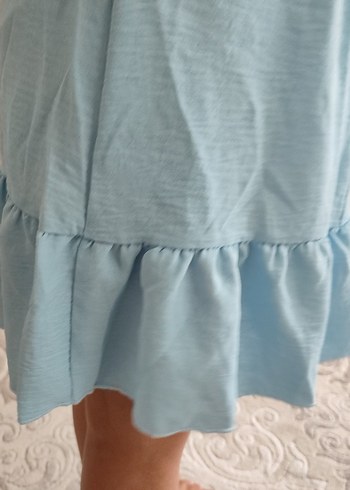 Mavi Keten Kısa Kollu Fırfırlı Kız Elbisesi - Görsel 6