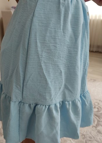 Mavi Keten Kısa Kollu Fırfırlı Kız Elbisesi - Görsel 7