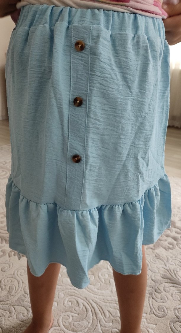 Mavi Keten Kısa Kollu Fırfırlı Kız Elbisesi - Görsel 3