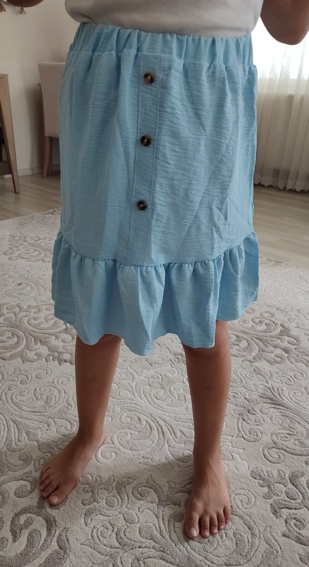 Mavi Keten Kısa Kollu Fırfırlı Kız Elbisesi - Görsel 2