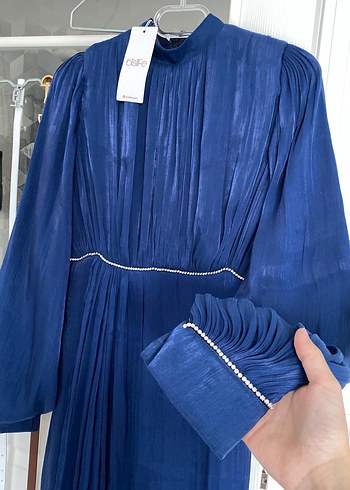 Mavi Piliseli Uzun Keten Elbise - Görsel 2