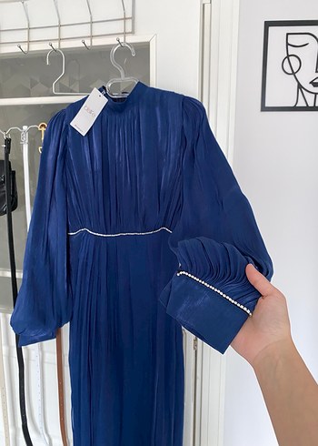 Mavi Piliseli Uzun Keten Elbise - Görsel 5