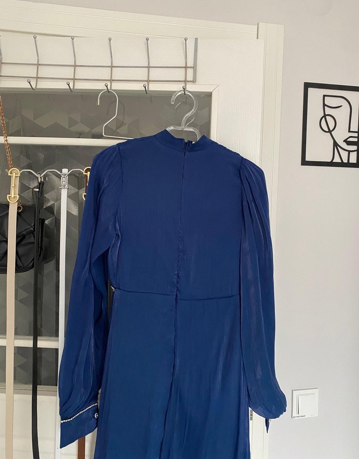 Mavi Piliseli Uzun Keten Elbise - Görsel 4