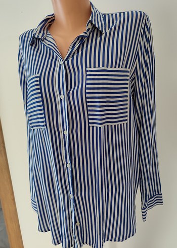 Mavi Çizgili Düğmeli Kadın Gömlek - Görsel 2