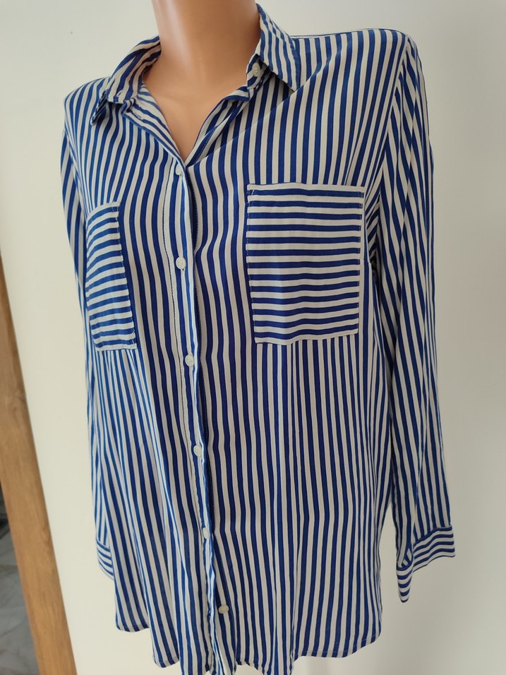 Mavi Çizgili Düğmeli Kadın Gömlek - Görsel 2