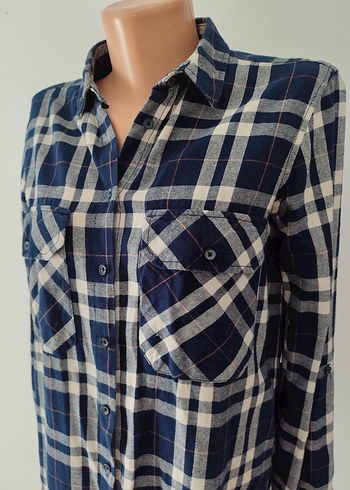 Kadın Mavi Gri Ekose Uzun Kollu Gömlek - Görsel 2