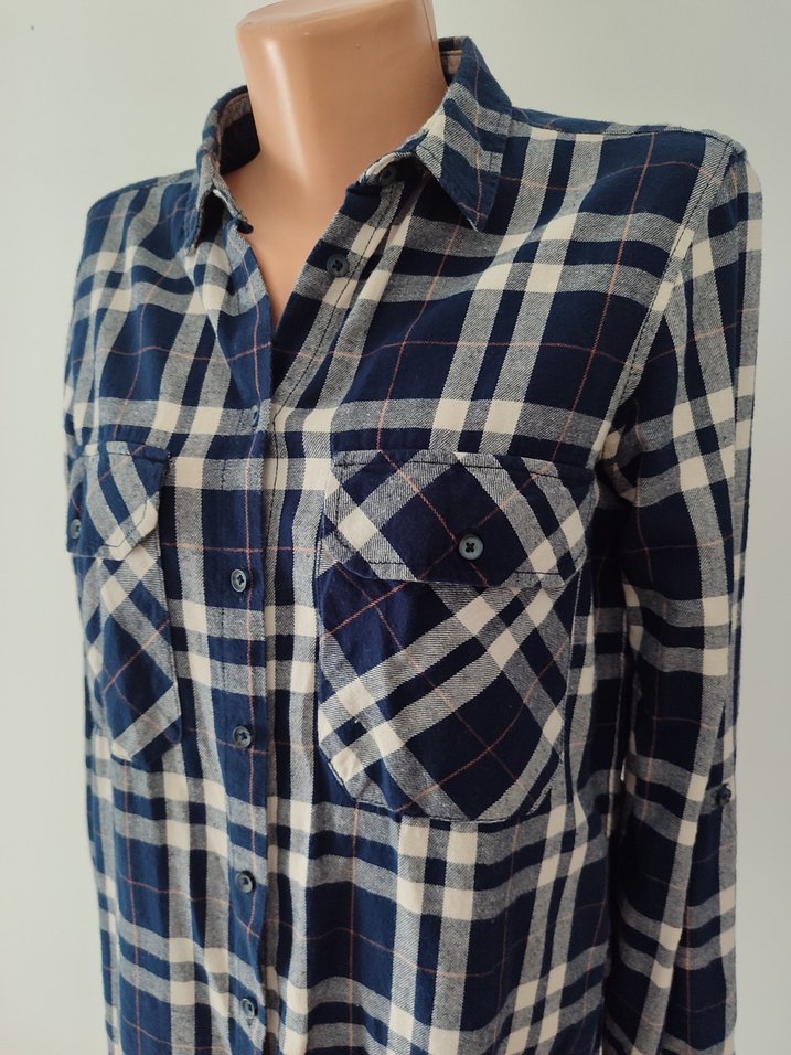 Kadın Mavi Gri Ekose Uzun Kollu Gömlek - Görsel 2