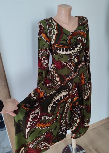 Bohem Çok Renkli Uzun V Yaka Elbise - Görsel 2