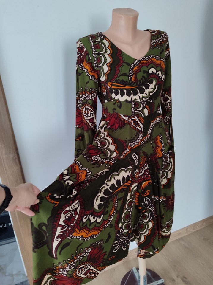 Bohem Çok Renkli Uzun V Yaka Elbise - Görsel 2