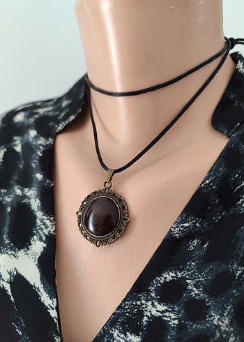 American Vintage Bohem Tarzı bordo Boncuklu Midi Kolye