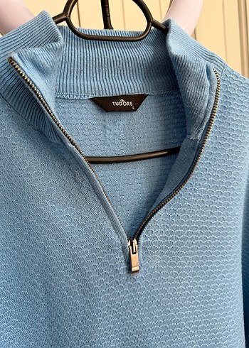 Erkek Mavi Yarım Fermuarlı Yüksek Yaka Kazak - Görsel 3