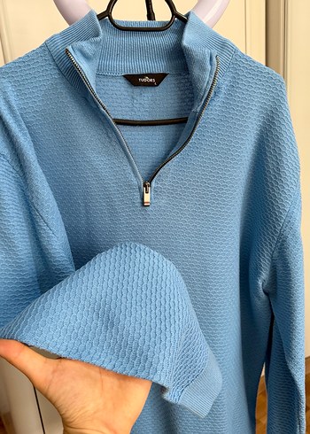 Erkek Mavi Yarım Fermuarlı Yüksek Yaka Kazak - Görsel 2