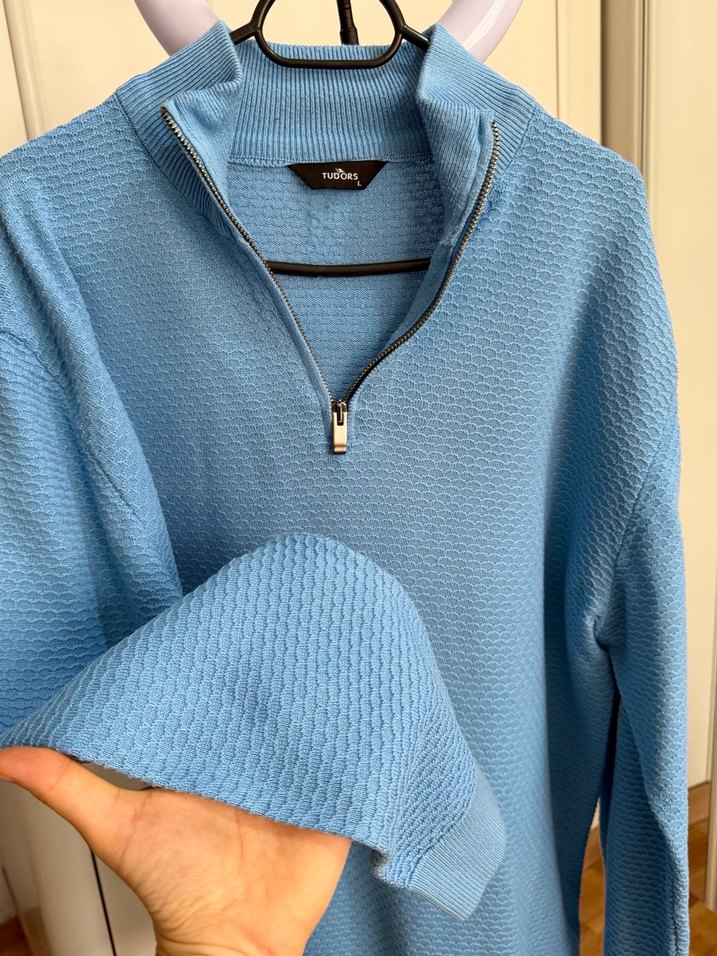 Erkek Mavi Yarım Fermuarlı Yüksek Yaka Kazak - Görsel 2