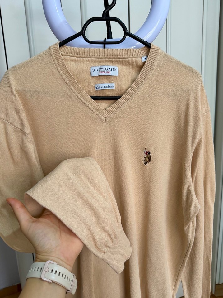 Bej Erkek V Yaka İnce Örgü Kazak - Görsel 2