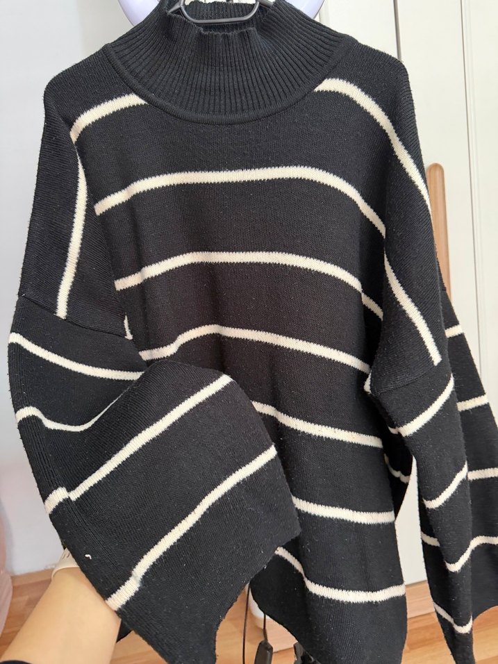 Kadın Siyah Çizgili Balıkçı Yaka Triko Kazak - Görsel 2