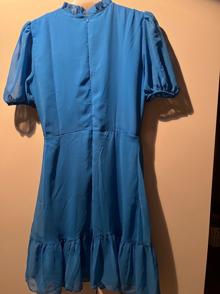 Mavi Midi Bohem Elbise, Fırfırlı, Kısa Kollu - Görsel 2