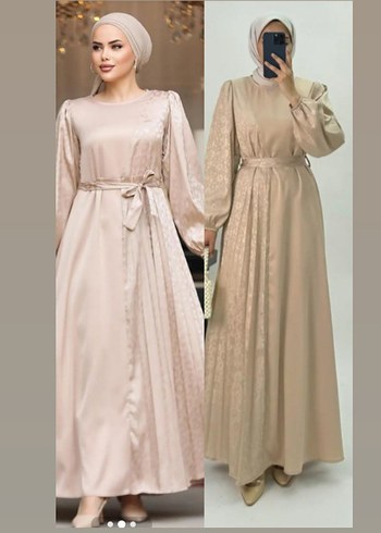 Bej Uzun Kollu Piliseli pamuk ipek saten Kadın Elbise - Görsel 6