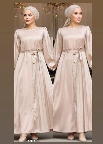 Bej Uzun Kollu Piliseli pamuk ipek saten Kadın Elbise - Görsel 7