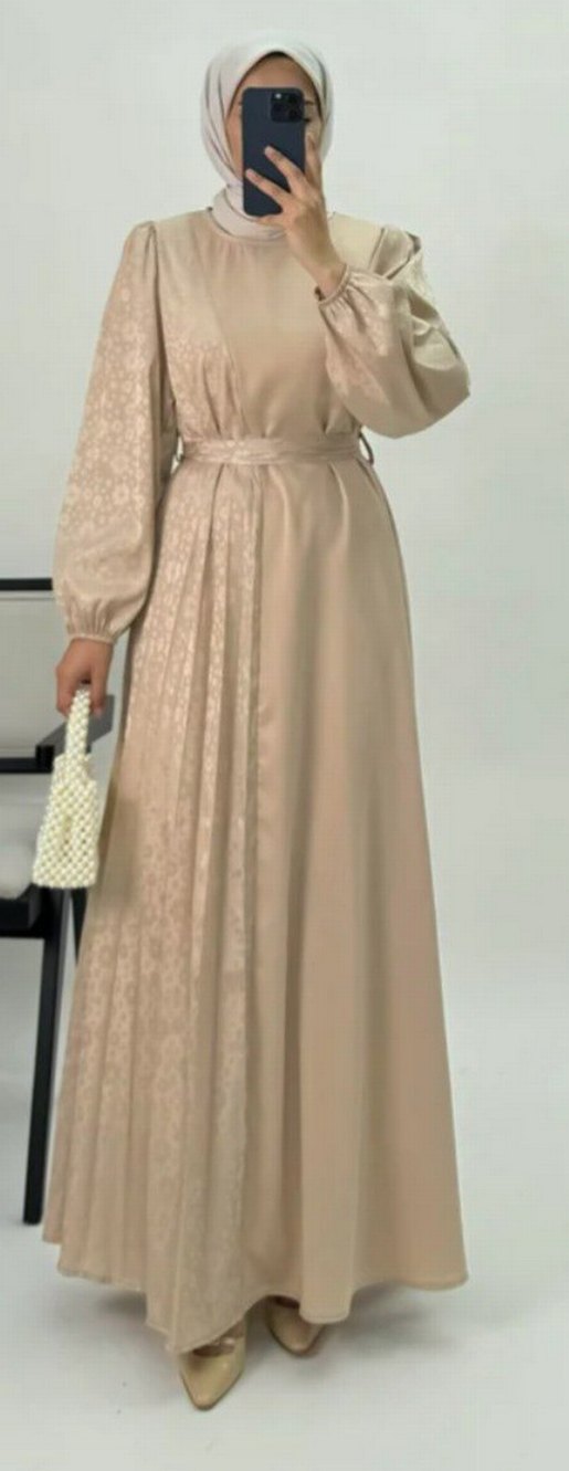 Bej Uzun Kollu Piliseli pamuk ipek saten Kadın Elbise - Görsel 2