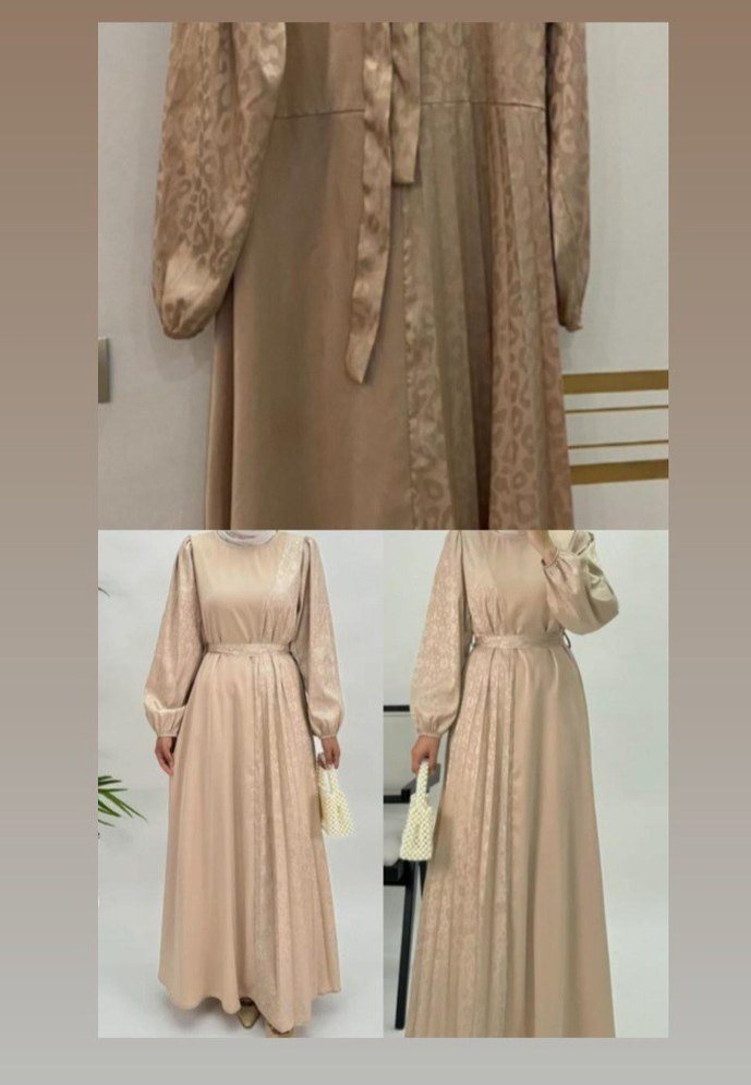 Bej Uzun Kollu Piliseli pamuk ipek saten Kadın Elbise - Görsel 5