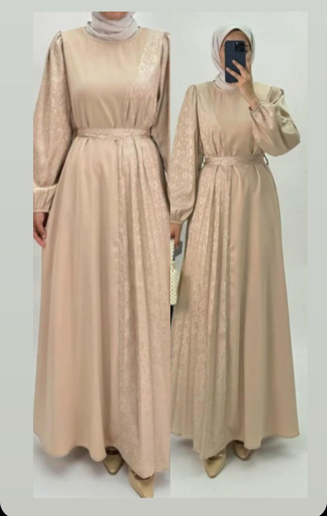 Bej Uzun Kollu Piliseli pamuk ipek saten Kadın Elbise - Görsel 4