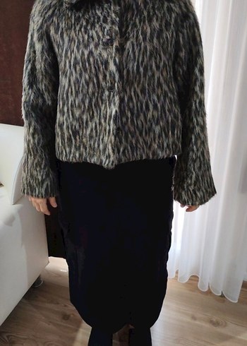 Gri Zebra Desenli Suni Kürk Midi Ceket