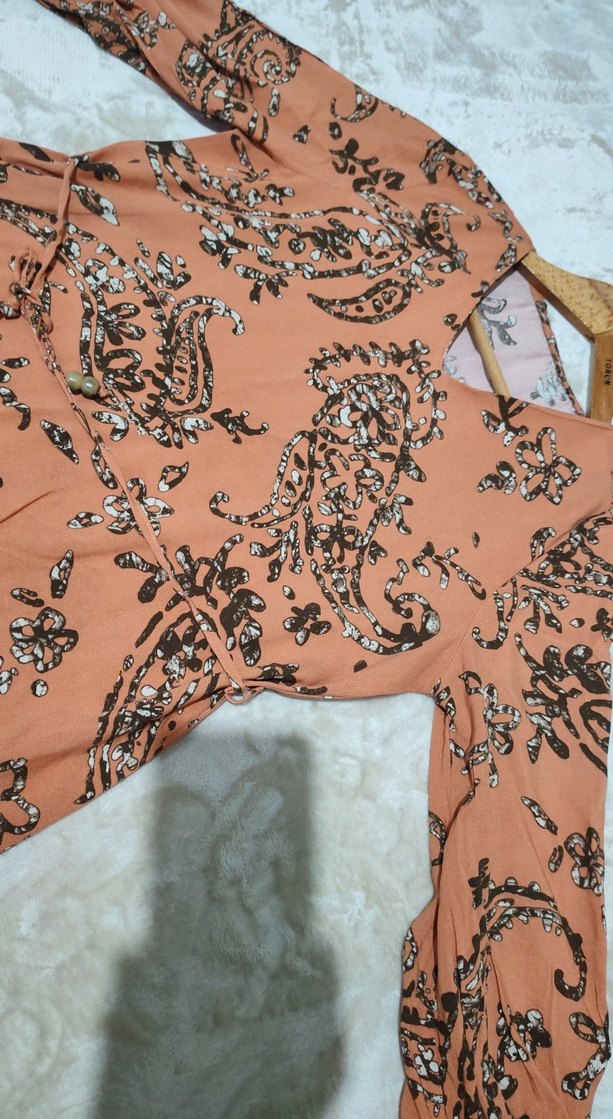 Bohem V Yaka Uzun Kollu Elbise - Görsel 5