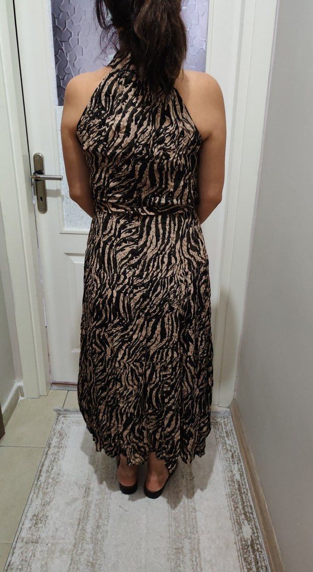 Kahverengi Zebra Desenli Midi Elbise - Görsel 3