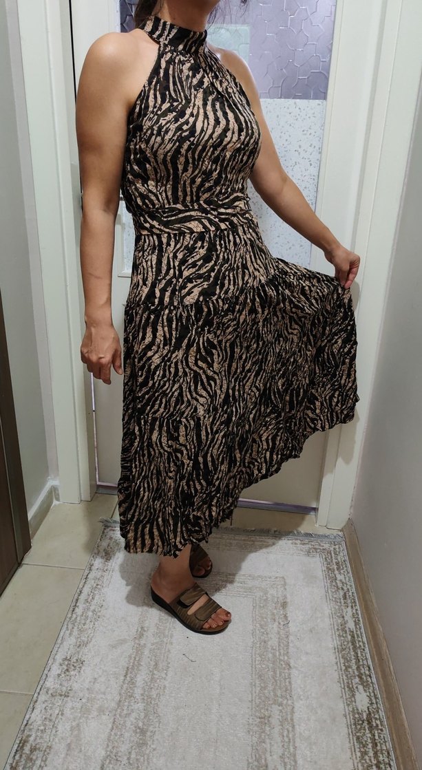 Kahverengi Zebra Desenli Midi Elbise - Görsel 2