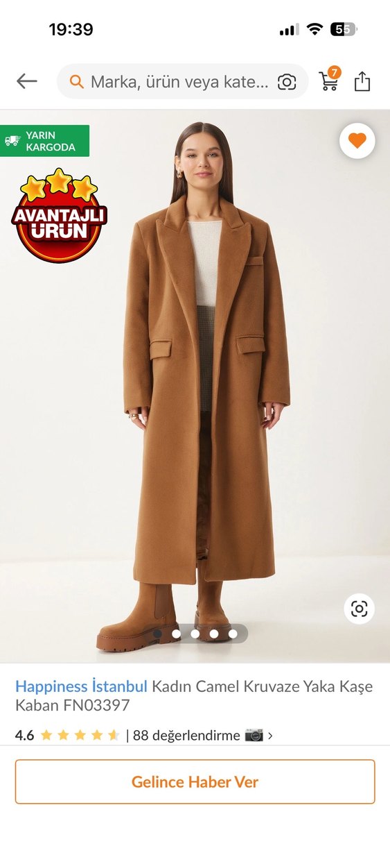 Happiness İstanbul Kadın Camel Kruvaze Yaka Kaban - Görsel 4