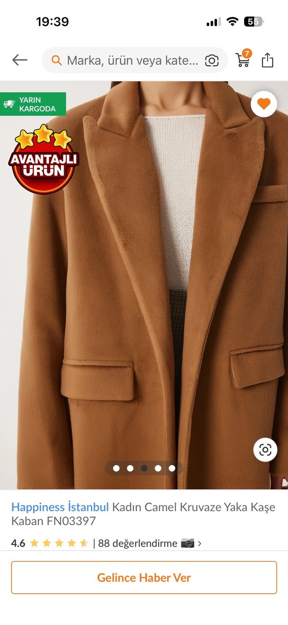 Happiness İstanbul Kadın Camel Kruvaze Yaka Kaban - Görsel 3