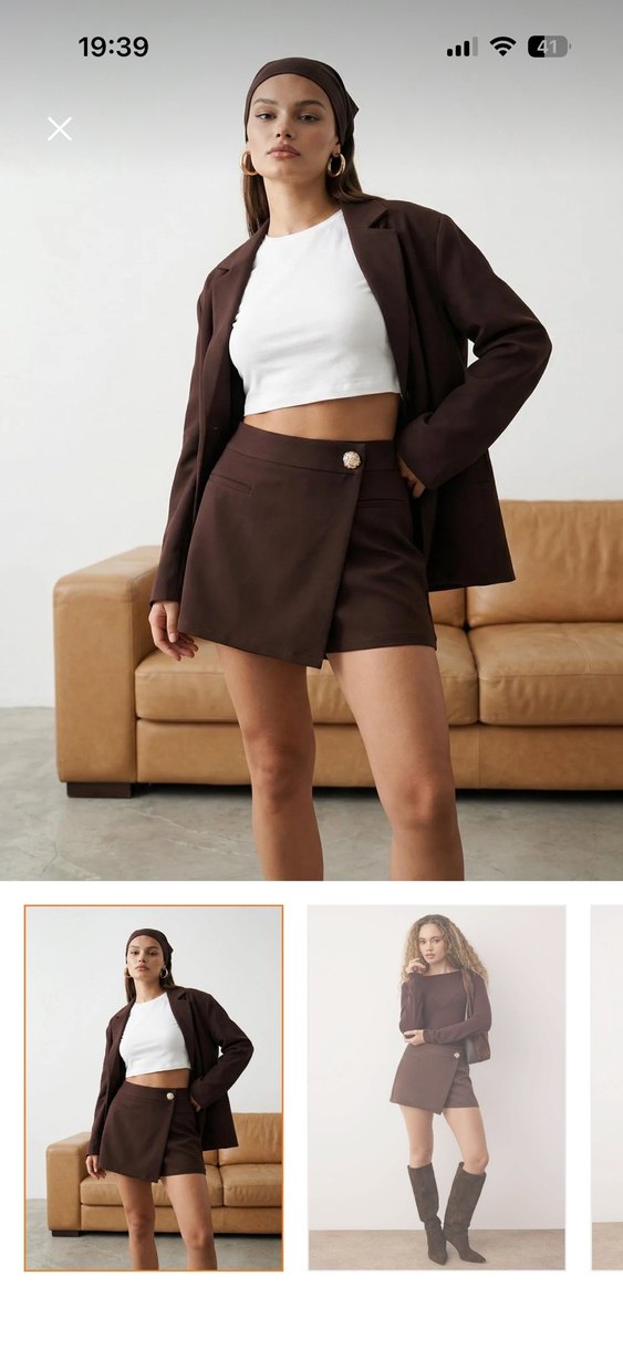 Düğmeli Kahverengi Mini Etek - Görsel 3