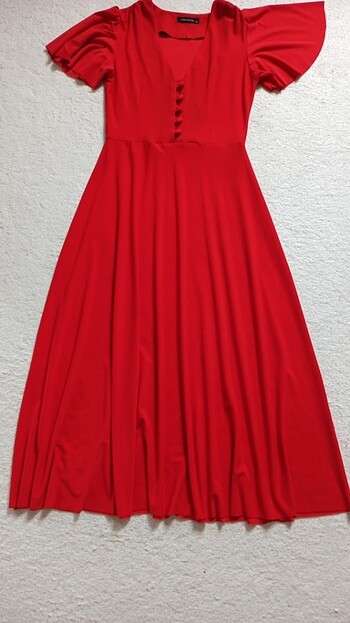 Kırmızı midi elbise - Görsel 5