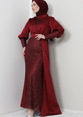 Bordo Parlak Uzun Abiye Elbise