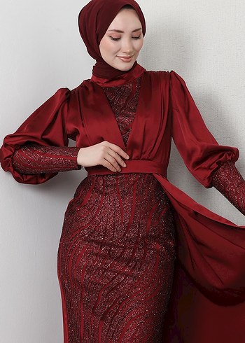 36 Beden bordo Renk Bordo Parlak Uzun Abiye Elbise