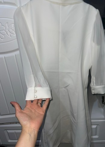 Beyaz Uzun Kollu Modern Klasik Kadın Elbise - Görsel 3