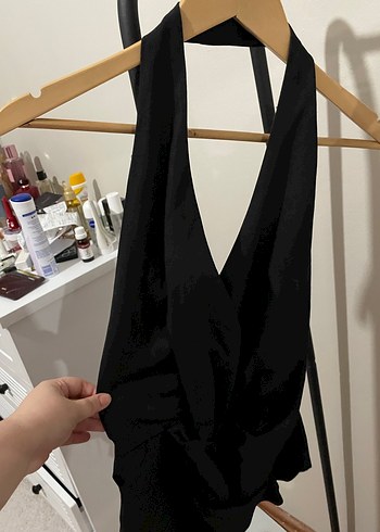 m Beden Siyah Mini Saten Halter Yaka Kemerli Yelek