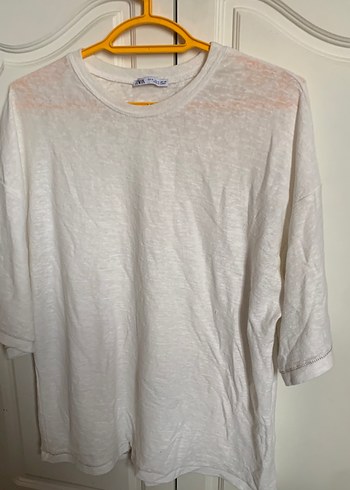 Beyaz Keten Kısa Kollu Tişört - Görsel 2