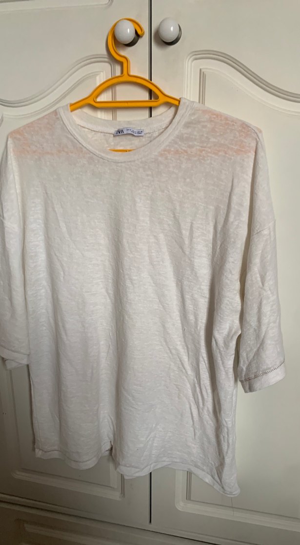 Beyaz Keten Kısa Kollu Tişört - Görsel 2