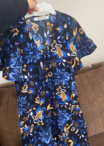 Volanlı V Yaka Mavi Mini Bohem Elbise - Görsel 4