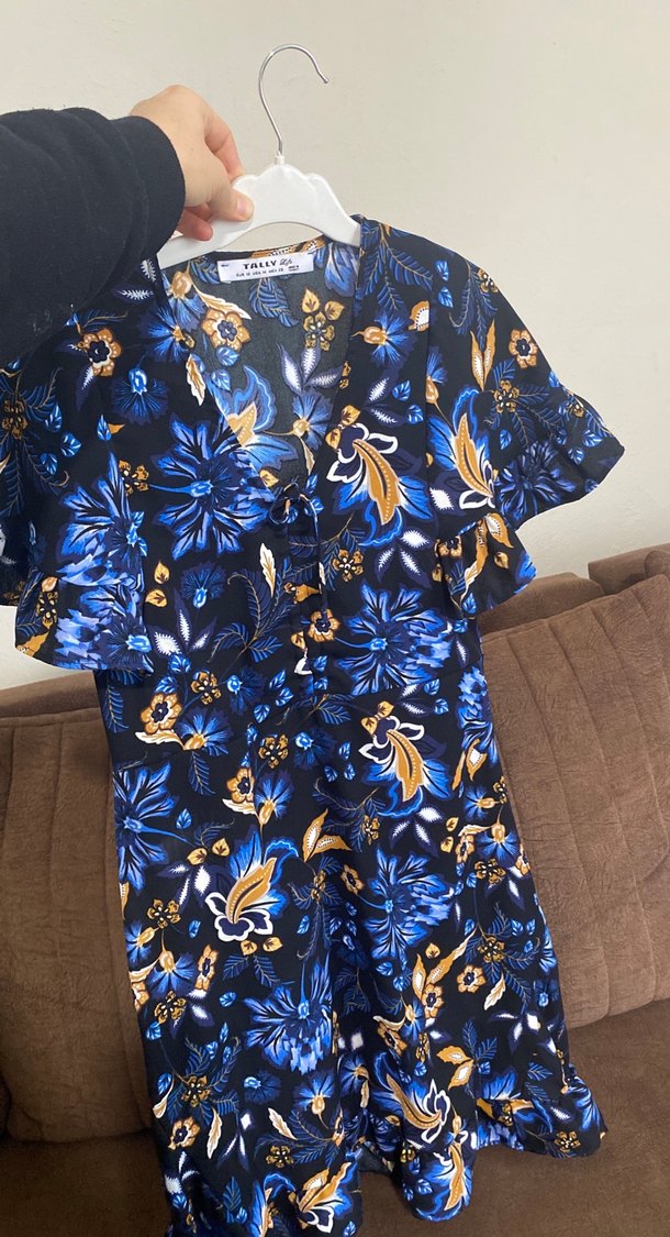 Volanlı V Yaka Mavi Mini Bohem Elbise - Görsel 4