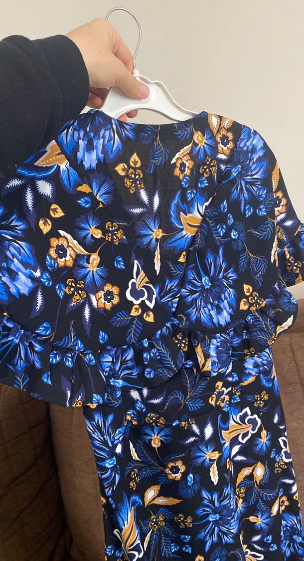 Volanlı V Yaka Mavi Mini Bohem Elbise - Görsel 5