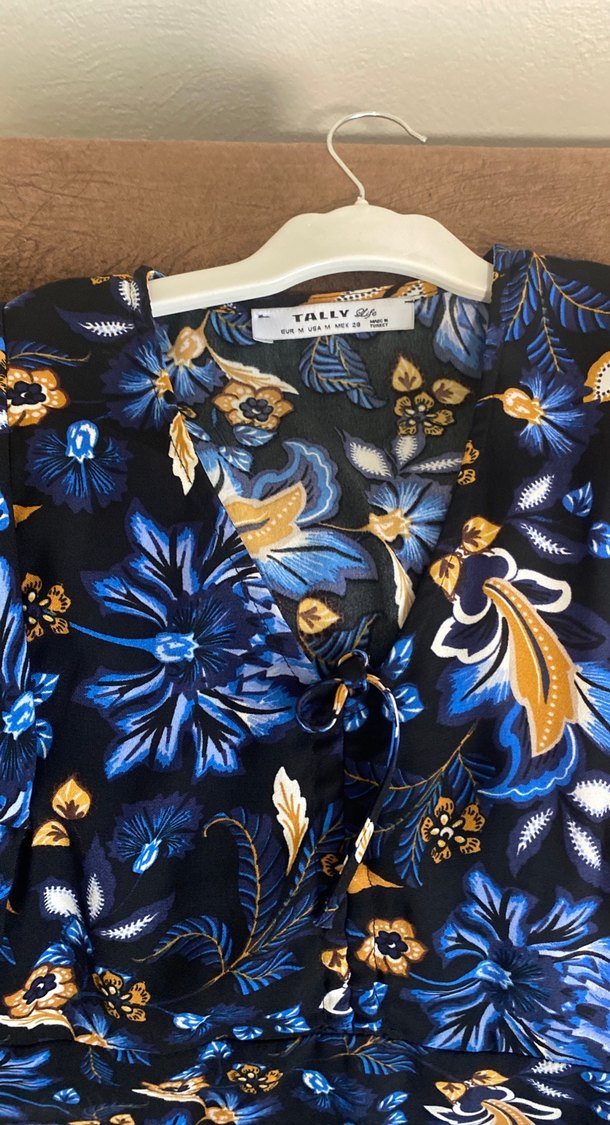 Volanlı V Yaka Mavi Mini Bohem Elbise - Görsel 2