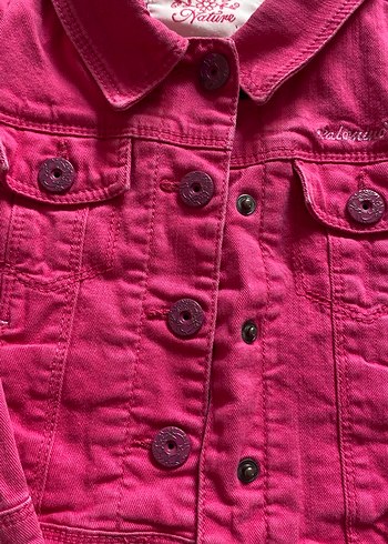 Düğmeli Pembe Kız Kot Ceketi - Görsel 3