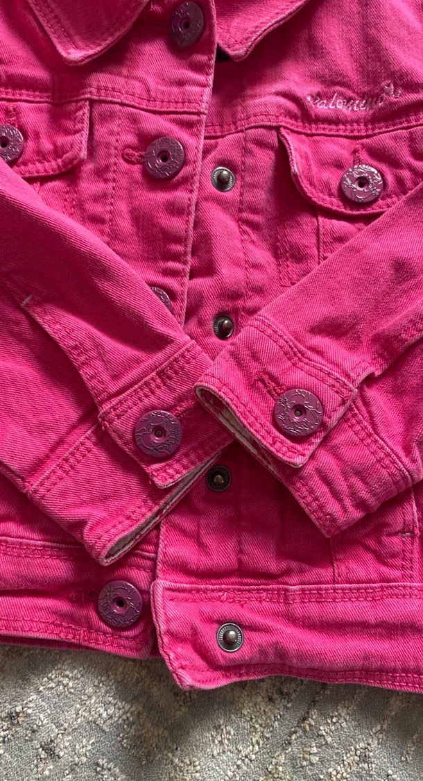 Düğmeli Pembe Kız Kot Ceketi - Görsel 4