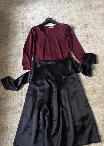 Bordo bluz ve saten midi etek - Görsel 6