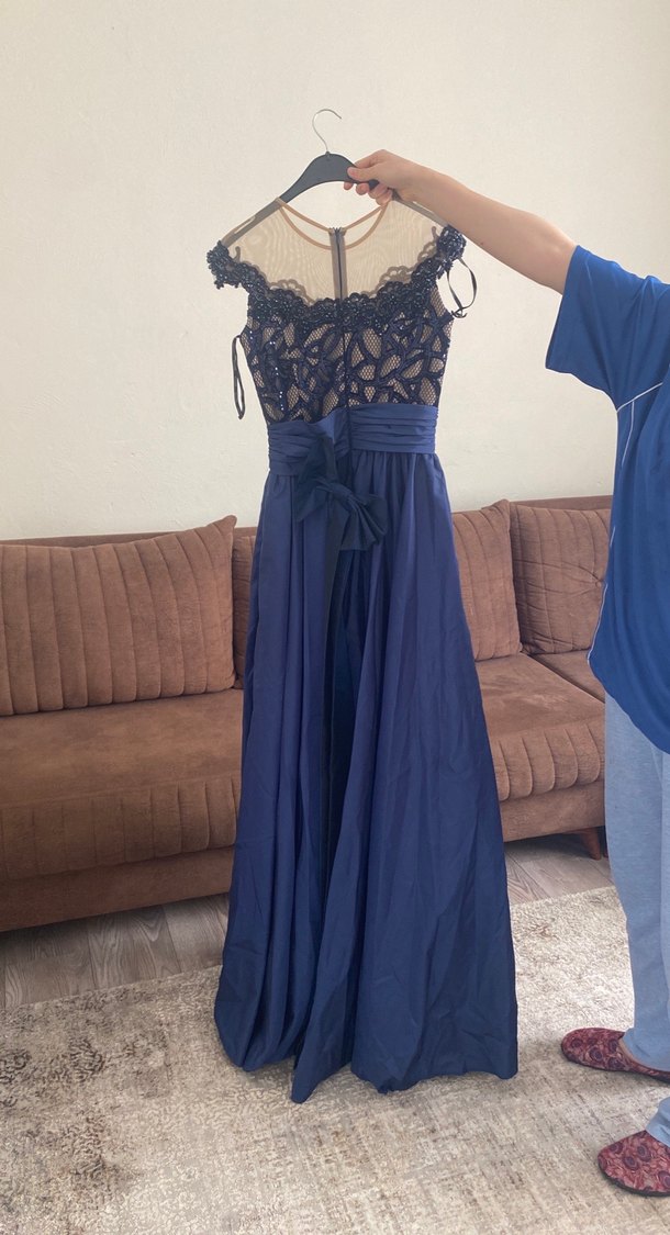 Lacivert Drapeli Uzun Abiye Elbise - Görsel 2